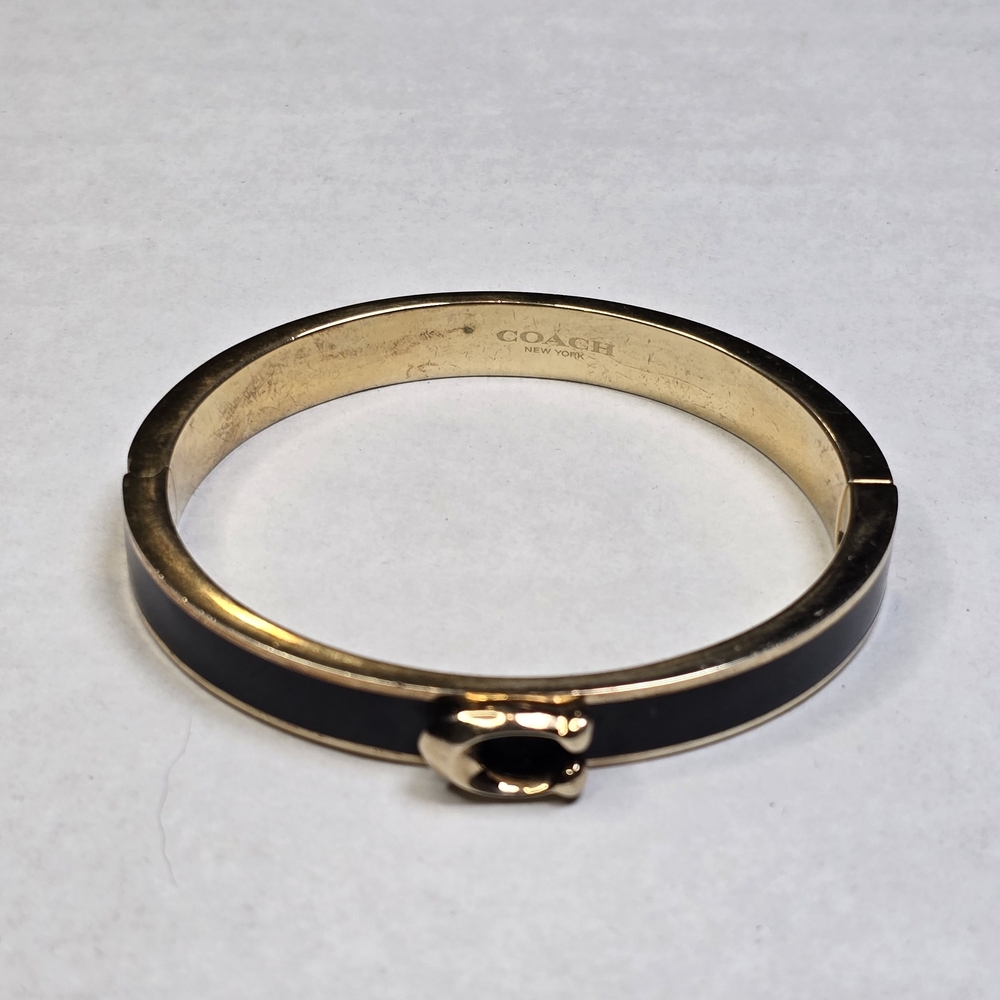 Coach Black Enameled Hinged Bangle Gold Plated Brass Black Enamel Side Clasp - Picture 7 of 8